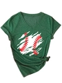 Detail of V-neck dark green T-shirt with baseball graphic and front hem tie-knot - Vintage Green