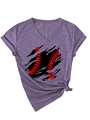 Detail of V-neck baseball print t-shirt featuring a side knot and rolled sleeve cuffs - Purple Heather