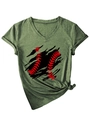 Close-up of olive green V-neck T-shirt with baseball graphic and stylish knot detail - Olive Green