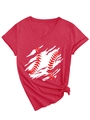 Detail of red V-neck t-shirt with baseball graphic print and side knot hem detail - Red