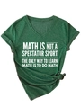 Detail of V-neck heather green T-shirt with math slogan print and front knot detail - Vintage Green
