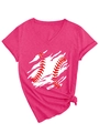 Detail of pink V-neck T-shirt showing stylish baseball print and chic side knot design - Rose Red
