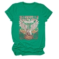 Close-up of Nashville country music print with electric guitar and angel wings on green tee - Dark Green