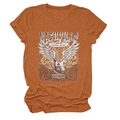 Detail of Nashville country music print with winged guitar on rust orange cotton T-shirt - Burnt Orange
