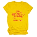 Détail de l'imprimé vintage Hell Cat sur t-shirt en coton jaune vif à col rond - S / Jaune