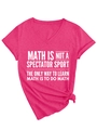 Detail of rose red V-neck T-shirt featuring a front math slogan and stylish hem knot - Rose Red