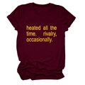 Detail of burgundy crew neck t-shirt featuring yellow 'heated all the time' printed text - Burgundy