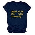 Detail of navy cotton T-shirt featuring yellow 'heated all the time' printed slogan - Navy Blue