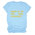 Flat lay of light blue crew neck t-shirt with yellow text print on heather cotton fabric - Light Blue