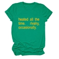 Detailed close-up of grass green crewneck T-shirt with yellow slogan on cotton fabric - Dark Green