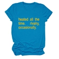 Close-up of peacock blue cotton T-shirt featuring yellow printed text and rolled sleeves - Lake Blue