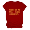 Detailed view of the yellow slogan print on the casual red crew neck cotton t-shirt - Red