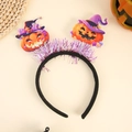 Detail of Halloween pumpkin headband with purple laser tinsel and mini wizard hats - New Pumpkin Headband