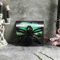 Detailed view of flocked black Halloween spider with decorative retail card packaging - 1 Big Spider