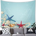 Marine tapestry with starfish and seashells on light blue striped fabric backdrop - Summer Beach Starfish Style