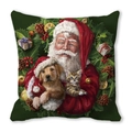 Christmas pillow cover with watercolor Santa Claus, puppy and kitten on dark green - Santa with Puppy Wreath (1)