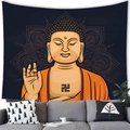 Meditating Buddha wall tapestry in orange and blue with mandala patterns for home decor - Swastika Orange Robe Buddha Style (100x70 Peach Skin) / 100x70(Peach Skin)
