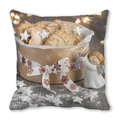 Detail of Christmas cushion showing peach skin fabric and festive butter cookie print - Butter Cookie and Little Angel (40)