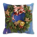 Christmas wreath cushion cover with bells and berries on blue wood texture background - Distressed Wood Festive Wreath (38)