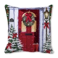 Weihnachtlicher Kissenbezug mit roter Tür und verschneiten Bäumen im Ölgemälde-Stil - Festliche Rote Tür Szene (5) / 45x45 cm