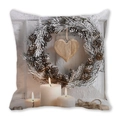 Close-up of Christmas pillowcase featuring printed candles and pine cone wreath detail - Snowy Pine Needles Wooden Heart (33)