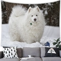 Samoyed dog in winter snow landscape printed tapestry for indoor wall decoration - 150x100(Peach Skin) / Samoyed in Snow Forest Style