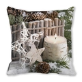 Detailed view of Christmas pillow cover with candles, pine cones, and snowy branches - Birch Candlestick Country Style (32)