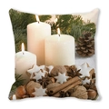 Macro detail of Christmas cushion cover showing festive candles and pine cone prints - White Pillar Candle Warmheart (29)
