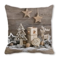 Macro shot of peach skin fabric texture with Nordic wooden Christmas ornaments print - Wooden Star Christmas Mix (31)