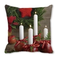 Detail of Christmas cushion showing red candles and holiday floral patterns - Nordic Red Ribbon Decor (24)