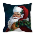 Blue Christmas pillow cover with watercolor Santa Claus wearing glasses and holly leaf - Santa Claus Portrait (3)