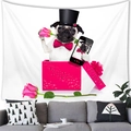 Bully dog tapestry in pink gift box with rose and tuxedo displayed over a sofa - 100cmx70cm / Pug Gift Box Selfie Style (8)