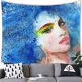 Elegant watercolor woman portrait tapestry in deep blue hues for living room wall decor - 150cmx150cm / Deep Blue Hair Art (2)