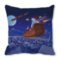 Close-up of Merry Christmas pillowcase with Santa Claus and reindeer print on dark blue - Snowy Village Panorama (13)