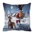 Detailed Christmas pillow case print showing Santa with reindeer in a snowy forest scene - Santa and Night Reindeer (14)