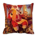 Close-up of retro oil painting print showing Santa Claus on a soft peach skin pillow - Reading List in Rocking Chair (20)