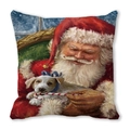 Christmas cushion featuring oil painting style Santa Claus holding a white puppy - Santa with Blue Bow Dog (7) / 18x18 Inch