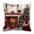 Weihnachtskissenbezug mit Ölgemälde-Motiv Kamin und Tannenbaum auf Pfirsichhaut-Stoff - Exquisite Weihnachts-Innenszene (10) / 45x45 cm