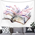 Close-up of watercolor open book tapestry with math formulas hanging above a gray sofa - Science Formulas (4)
