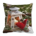 Christmas cushion with vintage lantern, pine cones, and red plaid heart on white background - White Wooden Lantern Snow Scene (4)