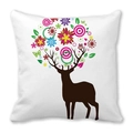Housse de coussin blanche avec renne brun et bois fleuris de Noël - Cerf Artistique Fleurs Papillon (14)