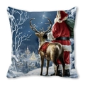 Christmas cushion cover featuring Santa Claus with reindeer in a snowy village scene - Night Church Village View (9) / 18x18 Inch