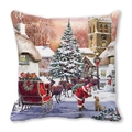 Merry Christmas peach skin pillow cover with Santa Claus and festive winter scenery print - Warm Sunset Cabin (3)