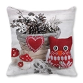 Peach skin fabric square cushion with winter basket, knit owl and heart festive print - Knitted Owl and Mushroom (6)