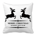 Housse de coussin de Noël carrée avec silhouette de renne noire et flocons sur tissu blanc - Double Renne Face Bonne Année (17)