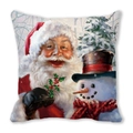 Square pillow cover featuring a watercolor Santa Claus and snowman festive design - Santa with Plaid Scarf Snowman (10) / 18x18 Inch
