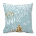 Detail of light blue Christmas cushion featuring white snowflakes and a golden elk forest - 18x18 Inch / Light Blue Reindeer Snowman Style (38)