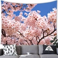Tenture murale fleur de cerisier rose au-dessus d'un canapé gris pour la maison - 100x70(Peau de Pêche) / Grappe de sakura rose et blanc et ciel bleu clair