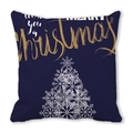Detail view of square Christmas pillow cover with golden Merry Christmas text and snowflake tree - 18x18 Inch / Dark Blue Gold White Merry Christmas Style (33)