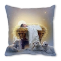 Close-up of the nativity scene illustration on soft peach skin fabric Christmas pillow - Baby Jesus in Manger with Three Lambs Style (40)
